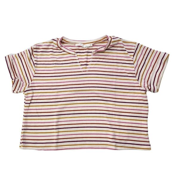 Lush NWT Multicolor Stripe Crop Tee Womens M White Pink Knit Notched Collar - Picture 3 of 9